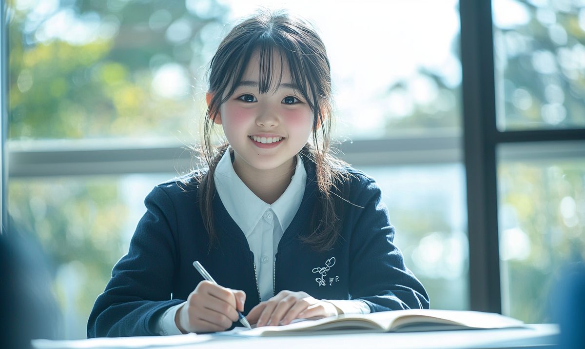 窓ぎわの机で、笑顔でノートに書きこむ中学生